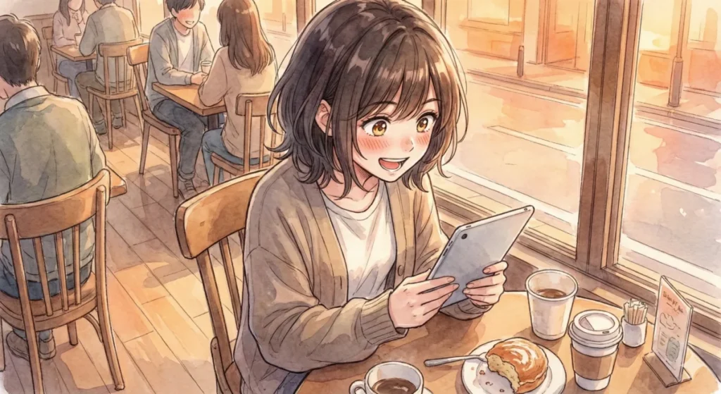 アニメ3期の声優予想やVTuberアバターの注目ポイントをカフェの窓際で熱心に読む女性