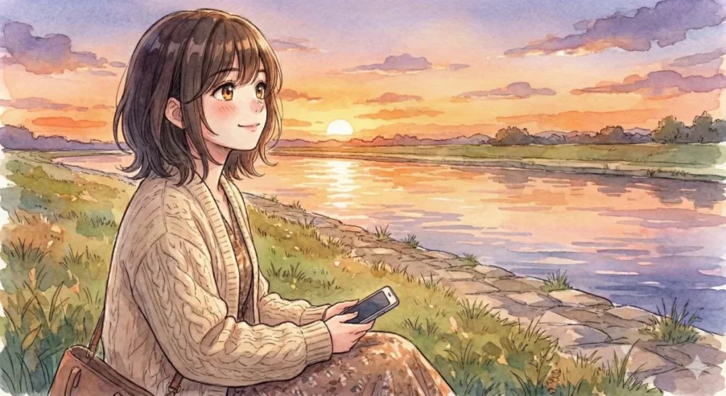吉住未実の魅力のまとめや兄妹愛に関する考察記事を、夕暮れの河川敷で静かに閲覧する女性