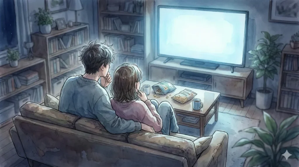 八木夕凪の参戦やノービスAの過酷さを綴るまとめ記事をテレビの前で共有するカップル