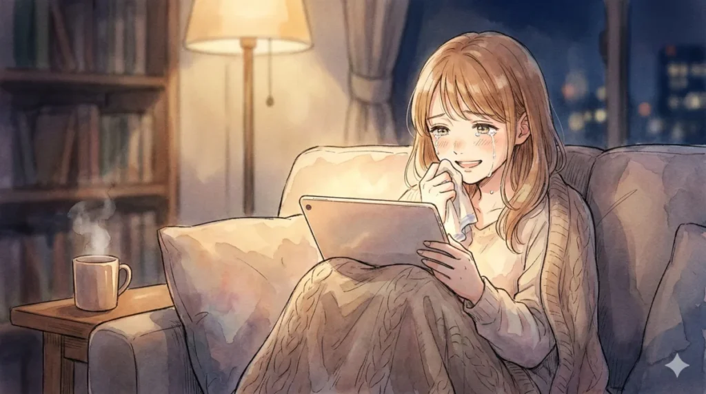 師弟の絆や物語の重要な決意に涙腺を刺激されタブレットを前に感動に浸る視聴者の情景