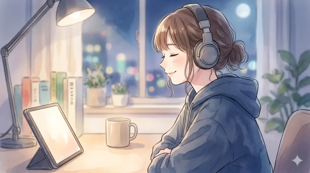 アオのハコのヒロインを演じる声優の声質やプロフィールをタブレットで確認する情景