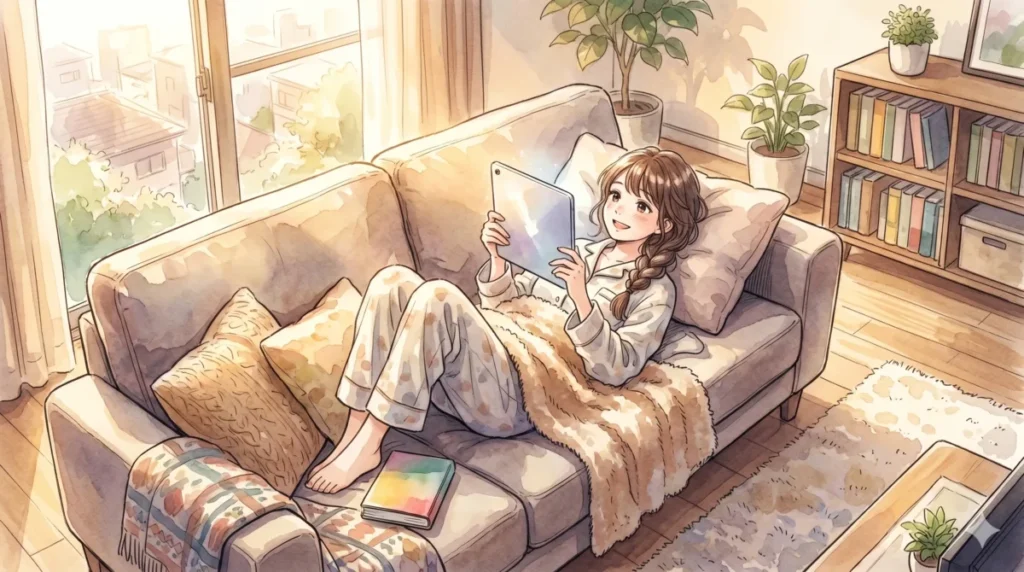 アオのハコのヒロインと声優の共鳴やリアルな演技哲学についてタブレットで共感する様子