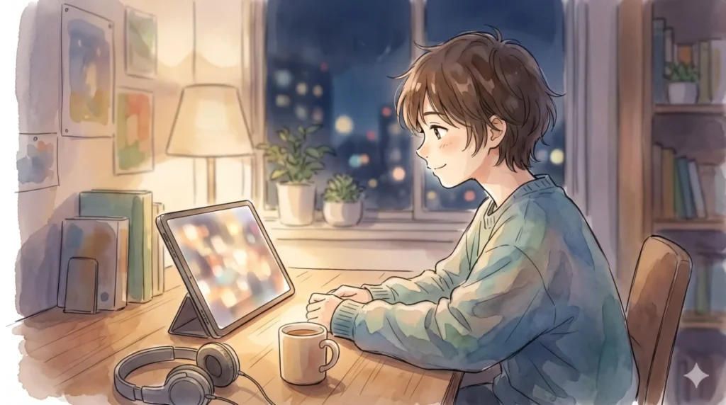 声優とキャラクターの共鳴や歴史的な記録についてスマホで興味深く読む様子