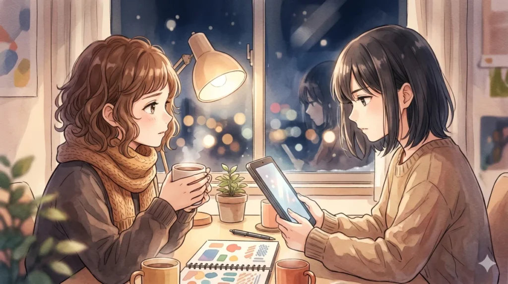 意図的に排除された演出意図やその効果についての解説をタブレットで確認する情景