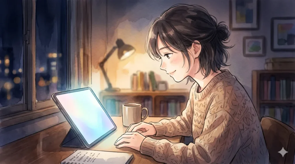 繊細な声の技術と無音の感情表現に関する解説を深夜のデスクで静かに読み耽る情景