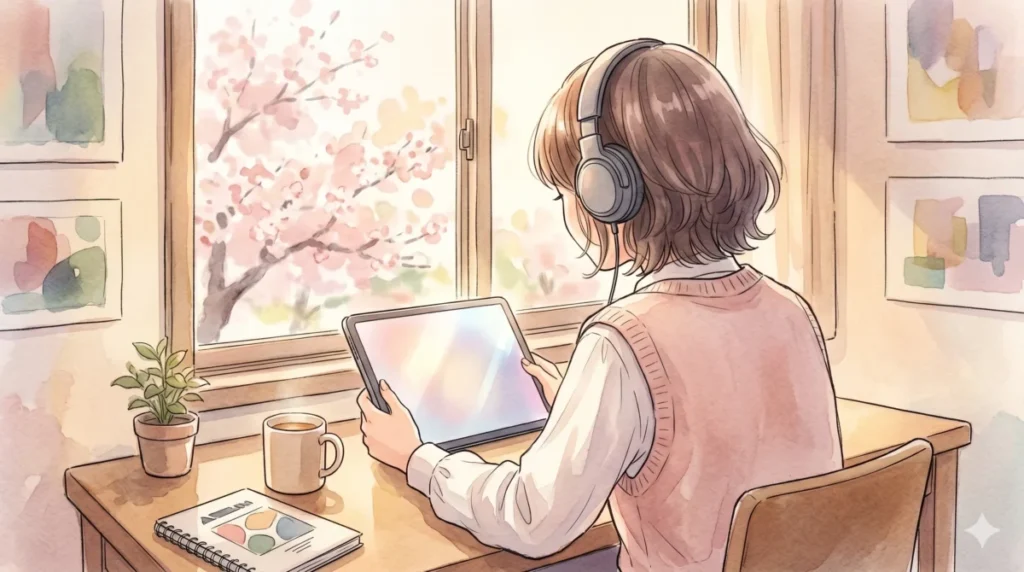 声優アワードの受賞と演技に込めた独自の哲学についてデバイスで真剣に閲覧する様子