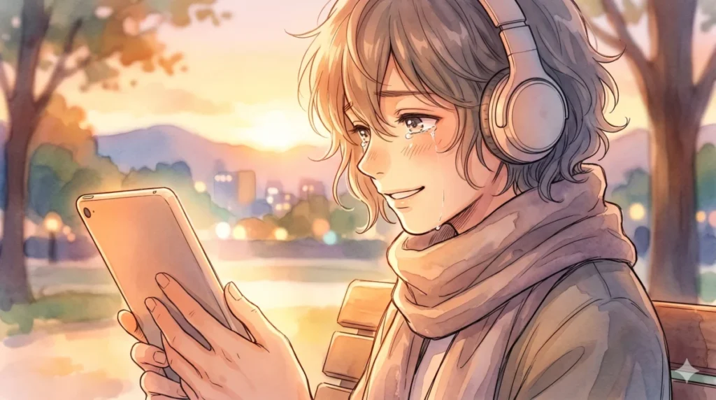 キャラクターの成長と物語の巧みな演出に感動し思わず涙を流しながら視聴する情景