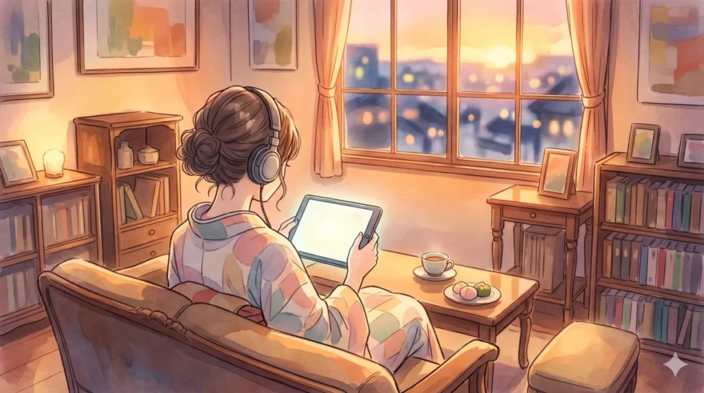 わたしの幸せな結婚の独特な世界観や主人公の不遇な境遇をデバイスで静かに追っている情景