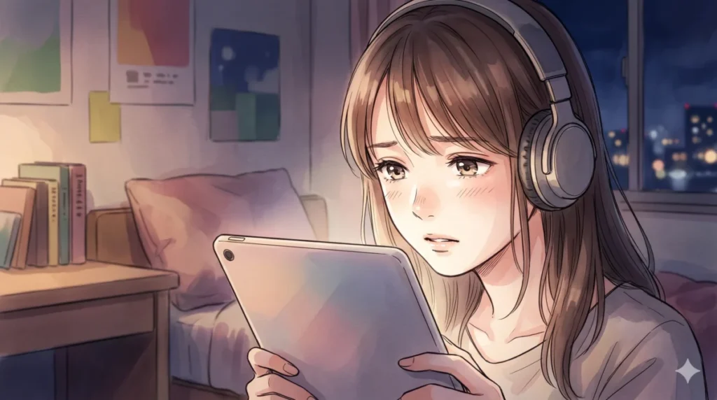 わたしの幸せな結婚の心を揺さぶる繊細な演技や登場人物の葛藤をタブレットで真剣に見入る様子