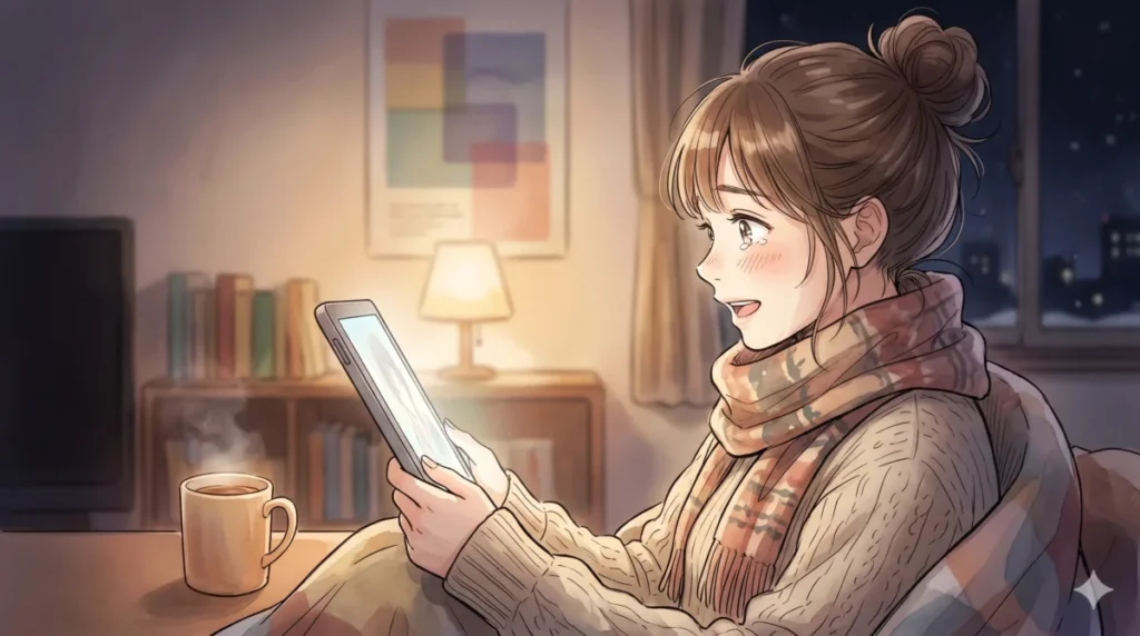 わたしの幸せな結婚の血統に隠された秘密や物語の大きな転換点を驚きと共にスマホで追う様子