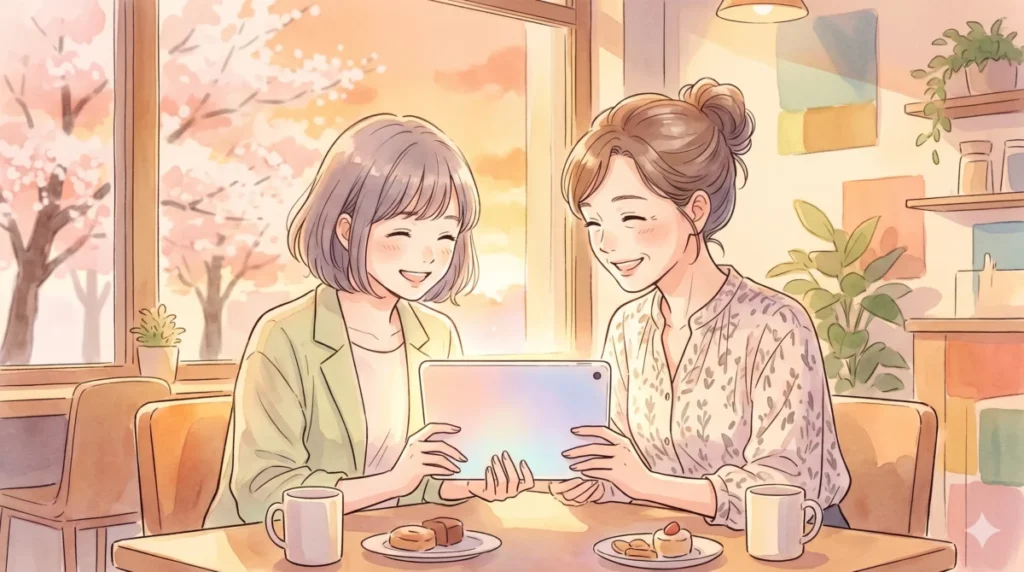 わたしの幸せな結婚の絶大な人気やファンの熱量を友人同士で共有しながらデバイスを眺める光景