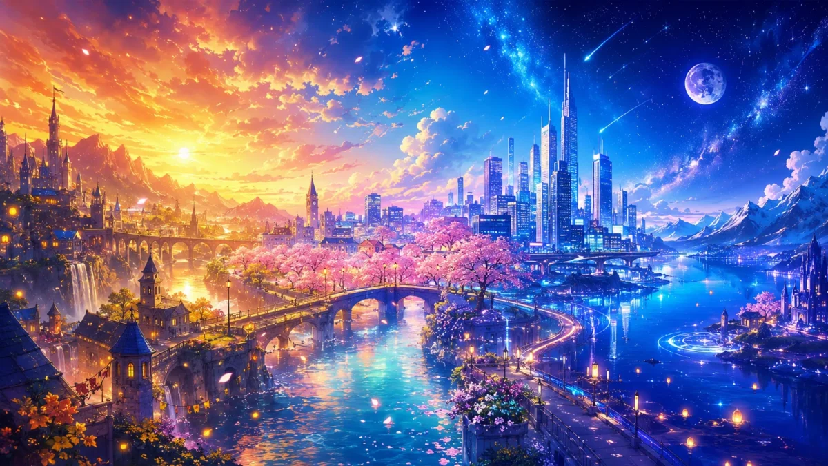 夕焼けの幻想都市から桜並木、近未来都市、星空の湖へつながるアニメブログ用パノラマ風景
