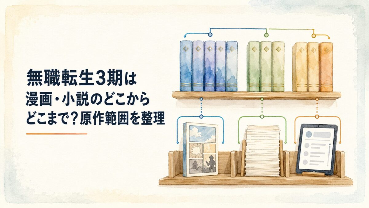 無職転生3期と小説13巻から15巻、漫画24巻とWeb連載の位置関係を整理した本棚