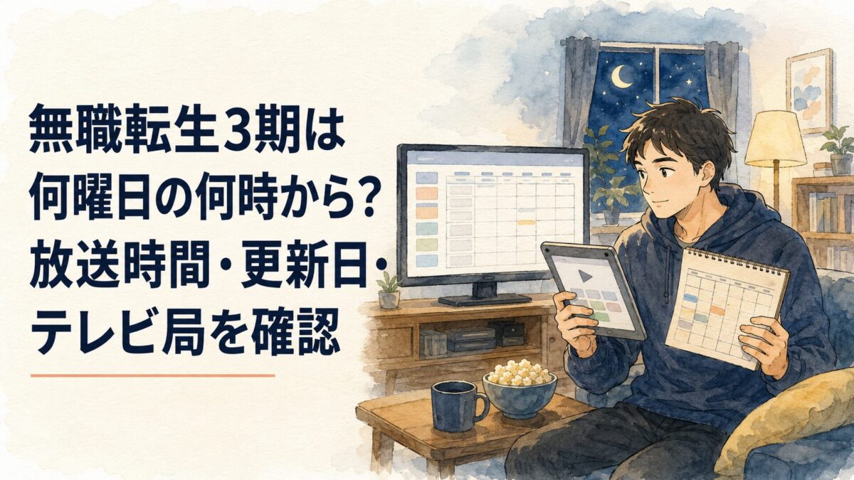 夜のリビングでテレビ番組表と動画配信の更新予定を見比べるアニメファン