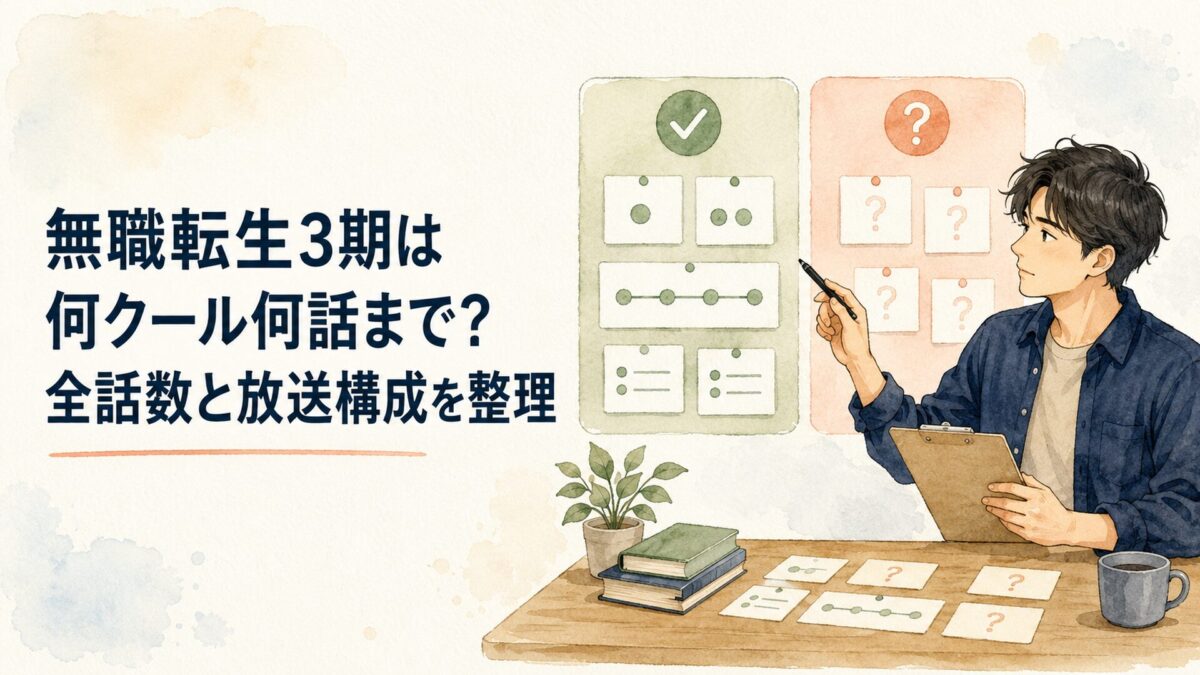 公式発表と未確認情報を分けながら無職転生3期の話数とクール構成を確認する男性