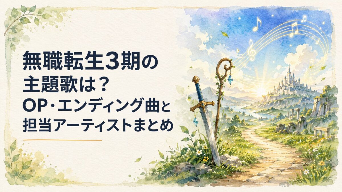 ファンタジー世界の旅路を背景に剣と杖、若葉、祈りを表す音の光が重なる主題歌のイメージ