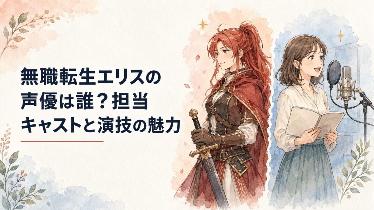 赤髪の女性剣士を思わせる人物と収録マイクに向き合う女性声優を対比した場面