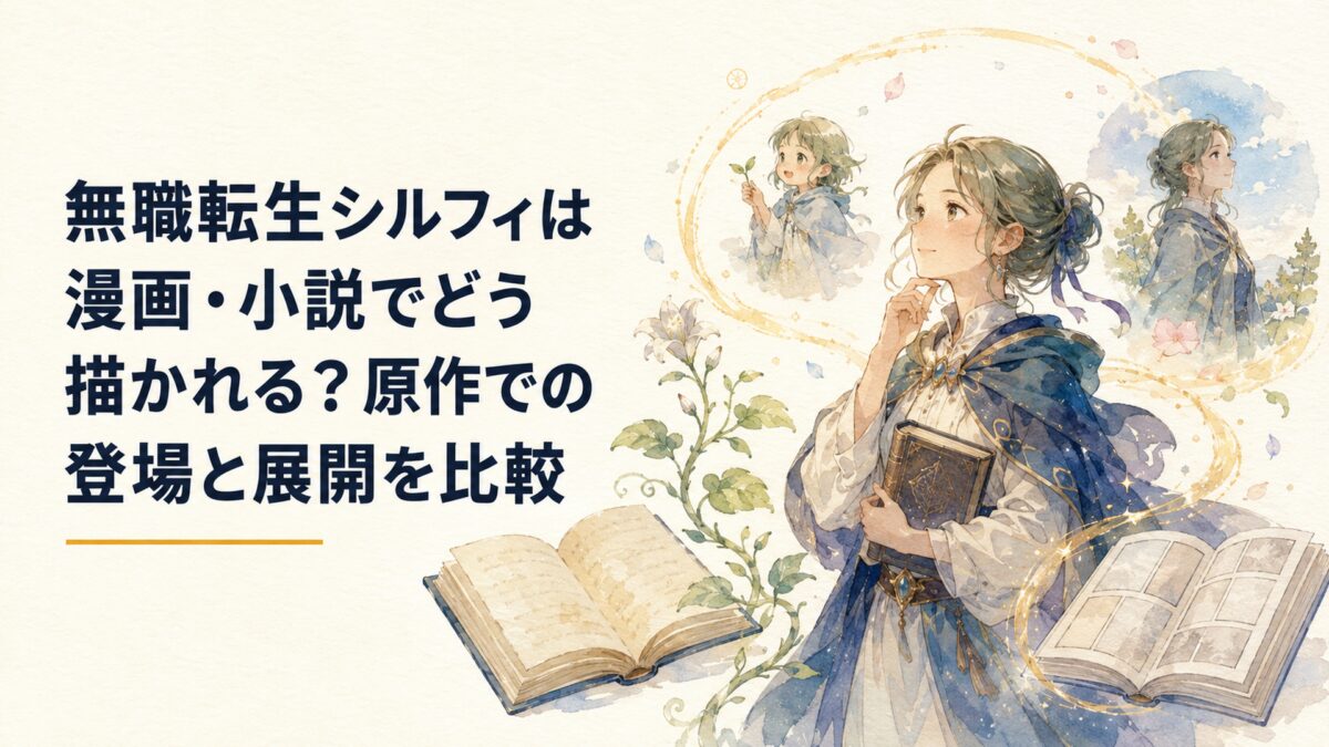 幼い頃から成長した女性魔術師の人生を、小説と漫画を並べながら比較するイメージ