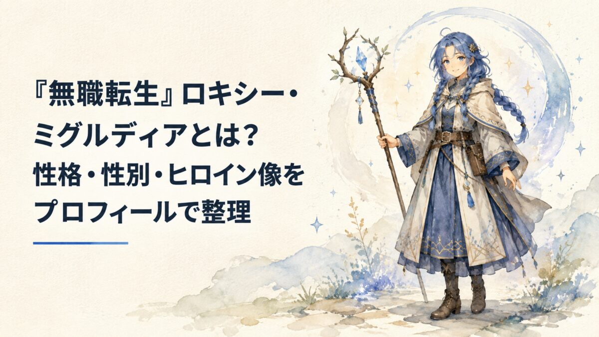青い髪と三つ編みが印象的な小柄な成人女性魔術師が杖を手に立つファンタジー風の場面
