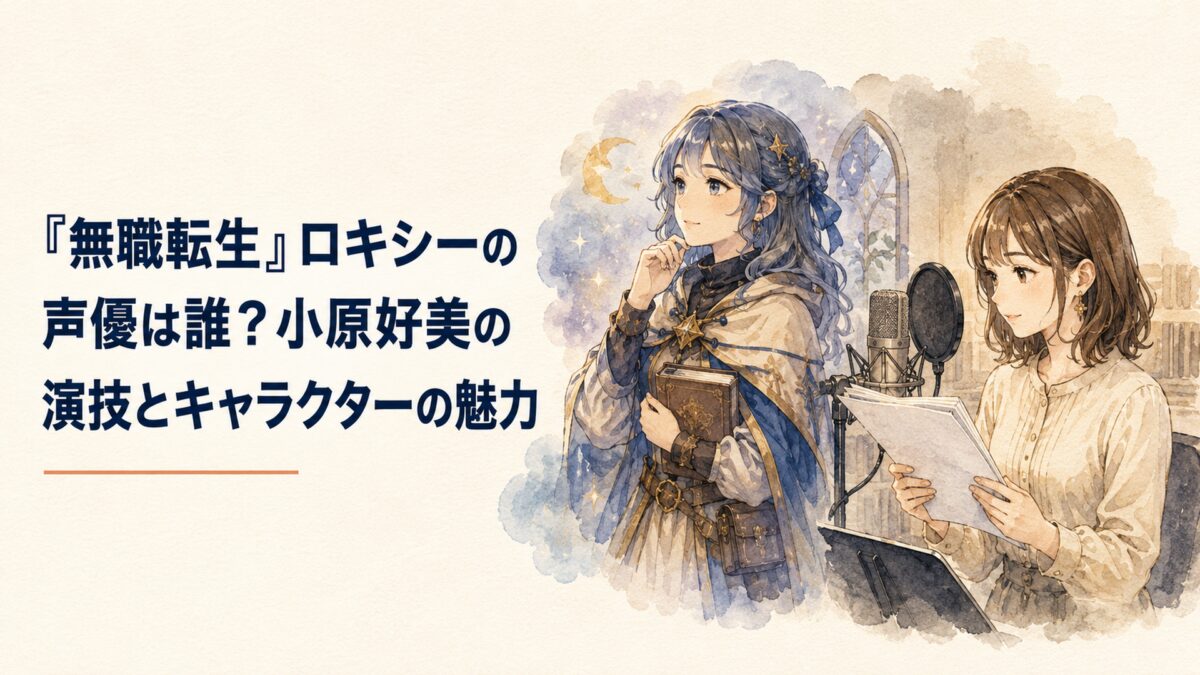 小柄な成人女性魔術師を思わせるオリジナルキャラクターと、収録マイクの前で台本を読む女性声優をイメージした場面