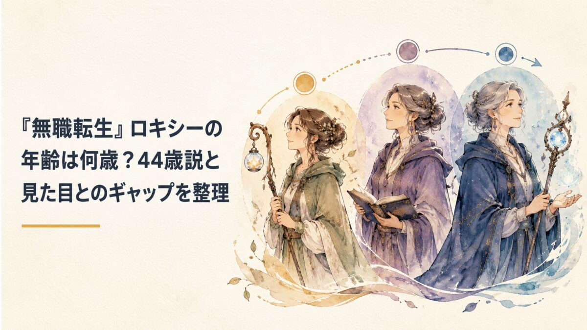 長命な魔族の成人女性魔術師と、37歳・44歳・50歳へ進む年齢の時系列をイメージした場面