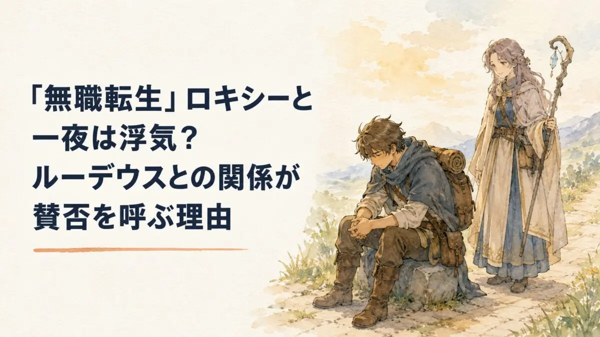 大きな喪失を抱えてうつむく旅装の青年と、少し離れた場所から静かに寄り添う女性魔術師