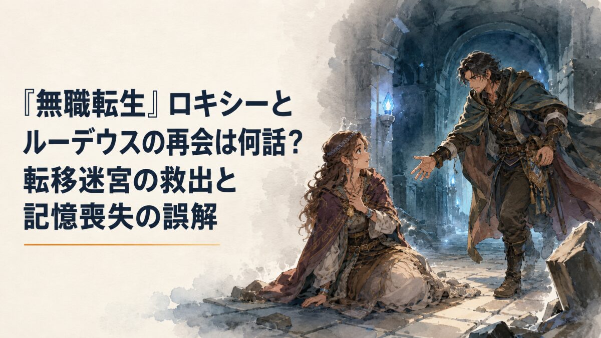 薄暗い転移迷宮で追い詰められた女性魔術師の前に成長した青年魔術師が駆けつける再会の場面