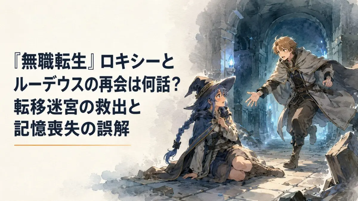 薄暗い転移迷宮で追い詰められた女性魔術師の前に成長した青年魔術師が駆けつける再会の場面