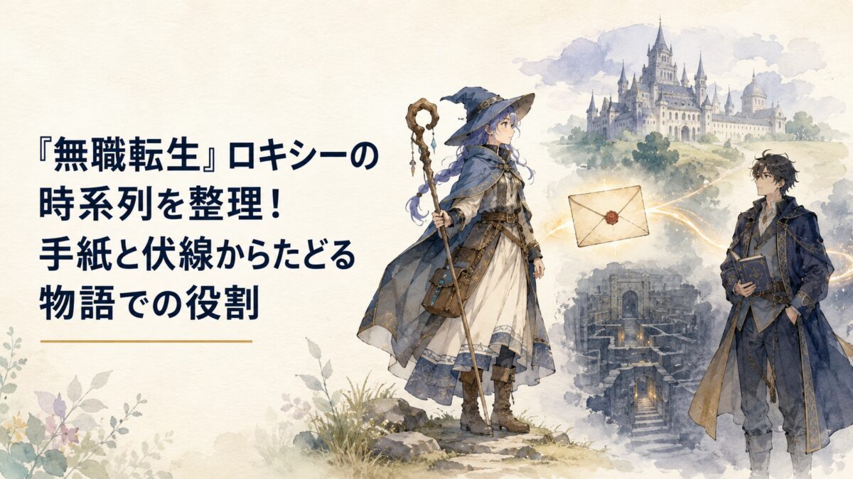 離れた土地を旅する女性魔術師と成長した青年魔術師を一通の手紙がつなぎ、遠景に学び舎と地下迷宮が浮かぶ場面