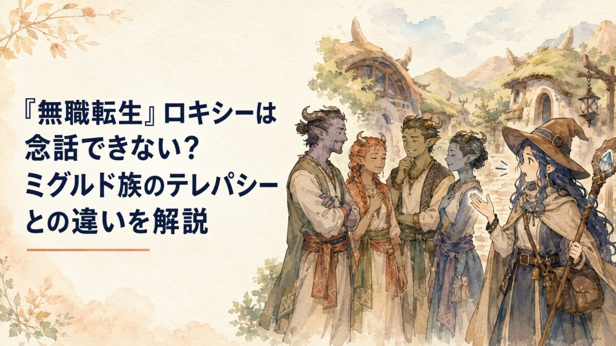 静かな魔族の村で無言のまま意思疎通する成人の住民たちと、その輪から少し離れて声で話そうとする旅装の成人女性魔術師