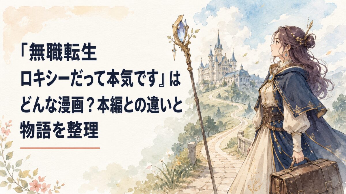 旅立ちを前に杖と鞄を手にした成人女性魔術師が、遠くの街道と魔法学校を見つめる場面