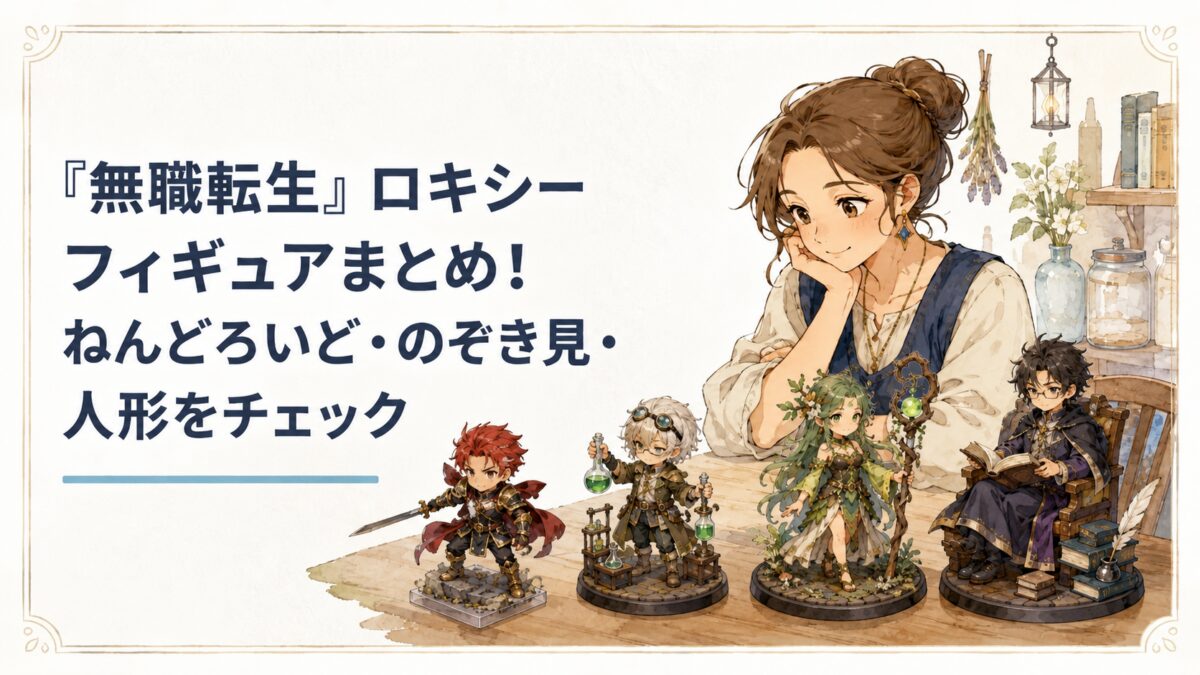 『無職転生』ロキシーフィギュアまとめのアイキャッチ画像。左に記事タイトル、右に机に頬杖をつく女性と、赤髪の剣士・白髪の錬金術師・緑髪の精霊風キャラ・本を読む黒髪の学者風キャラの4体のオリジナルフィギュアが並ぶ。