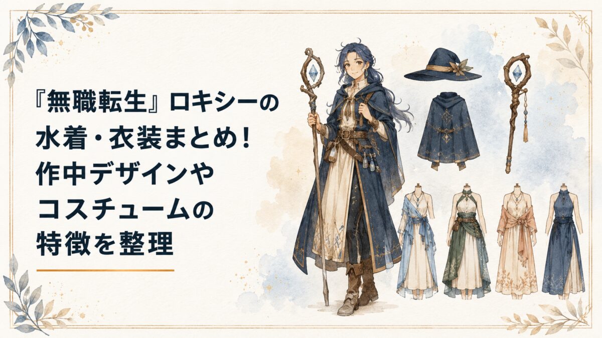旅する成人魔術師をイメージした帽子・外套・杖と、複数の夏用コスチュームを並べて比較する風景