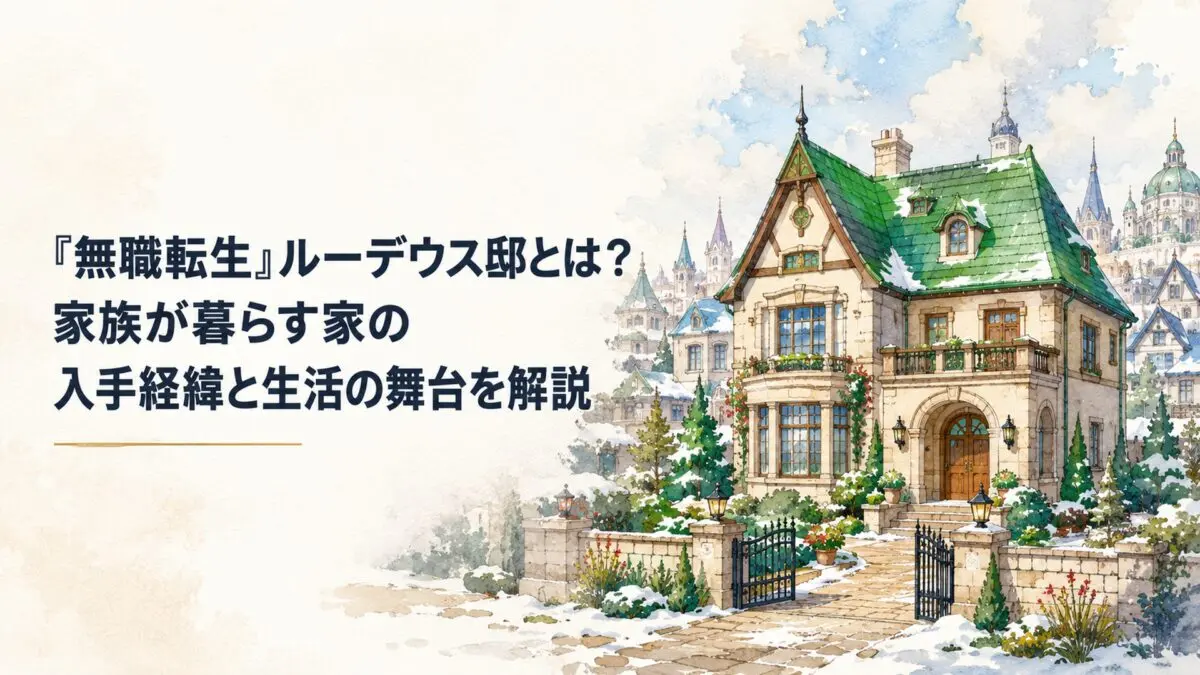 雪の残る魔法都市の住宅街に建つ、明るい緑色の屋根と広い庭を持つ温かな二階建ての邸宅