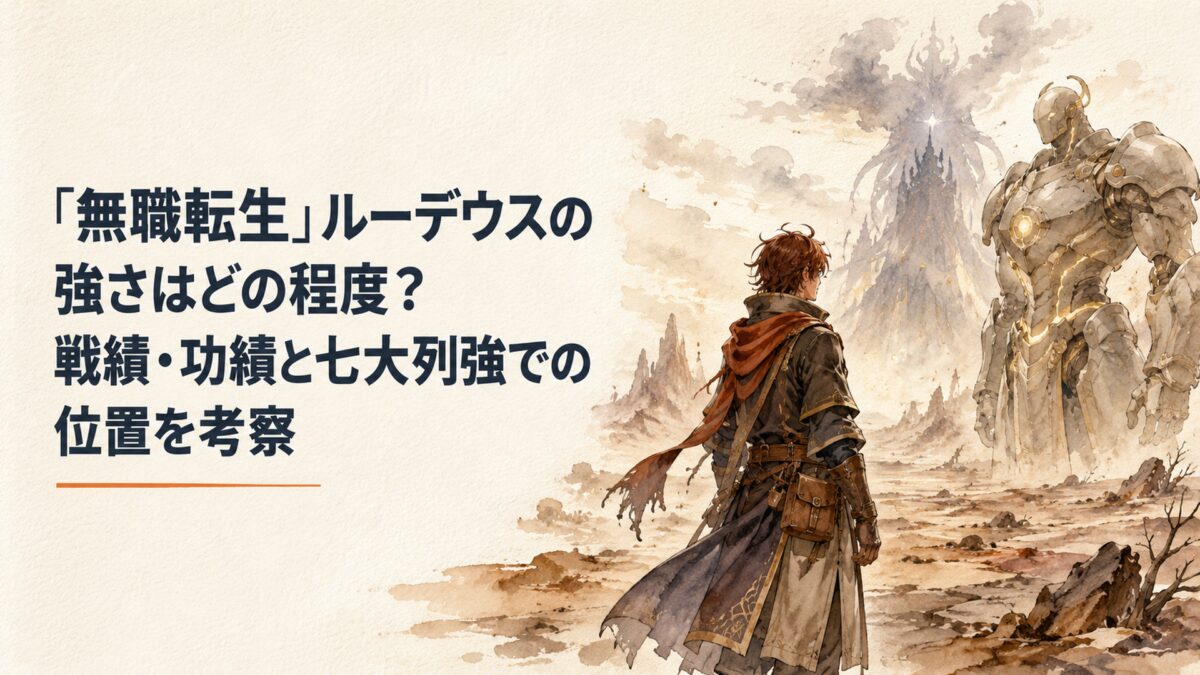 荒野に立つ若い成人魔術師が大型の無地の魔導鎧を背にし、遠方の圧倒的な強敵と向き合う緊張感のある場面