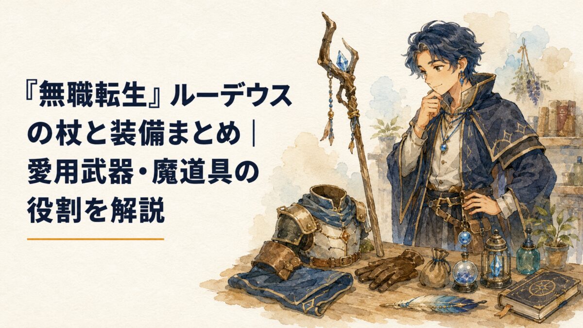 長い木製杖と軽量鎧や複数の魔道具を前に装備を選ぶ、完全オリジナルデザインの若い成人魔術師