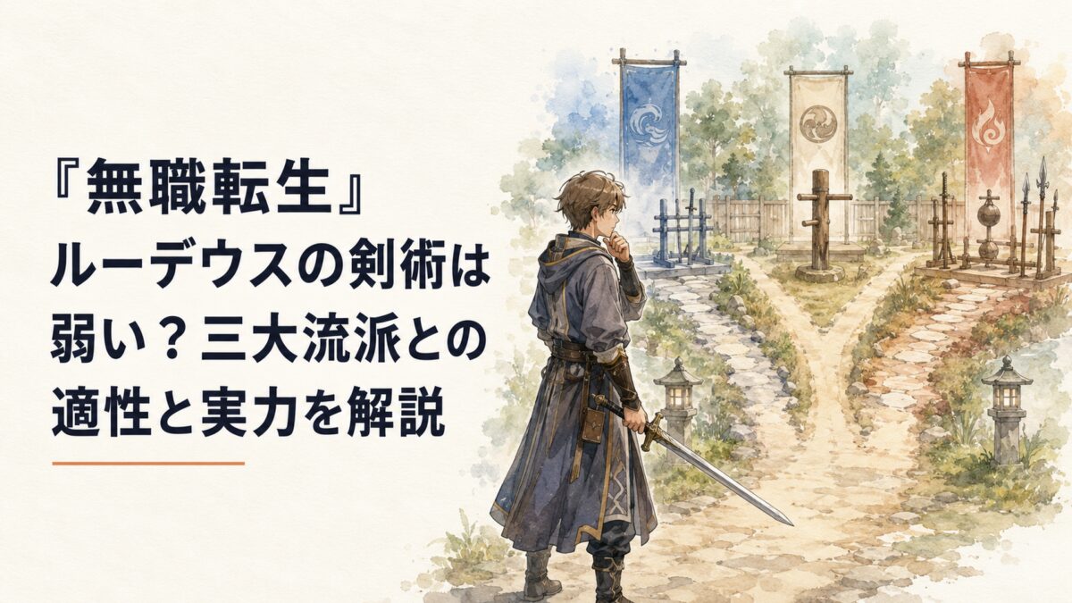 剣を構える若い魔術師が三方向へ分かれる稽古道を前に、自分に合う戦い方を考えている場面