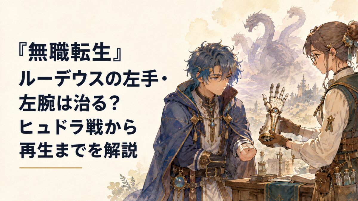 片手を失った若い成人魔術師が研究仲間から渡された人工の手を見つめ、遠くに多頭の魔物の影が浮かぶ幻想的な場面