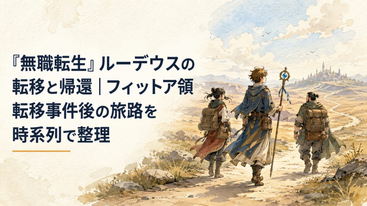 突然の大規模転移で遠い荒野へ飛ばされた若い魔術師と二人の旅仲間が、長い道の先にある故郷を目指す場面