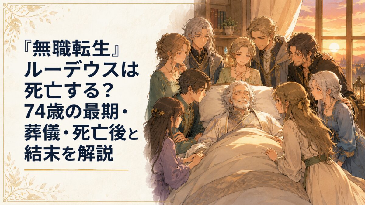 長い人生を歩み終えた白髪の老魔術師が、夕日の差す自宅の寝室で大勢の家族に見守られながら静かに目を閉じようとしている温かなファンタジー世界の場面