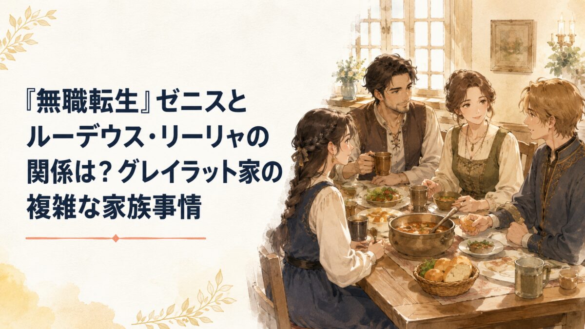 中世風の家の食卓で、血縁や立場の違いを越えて同じ家庭を築くオリジナルの成人家族たち