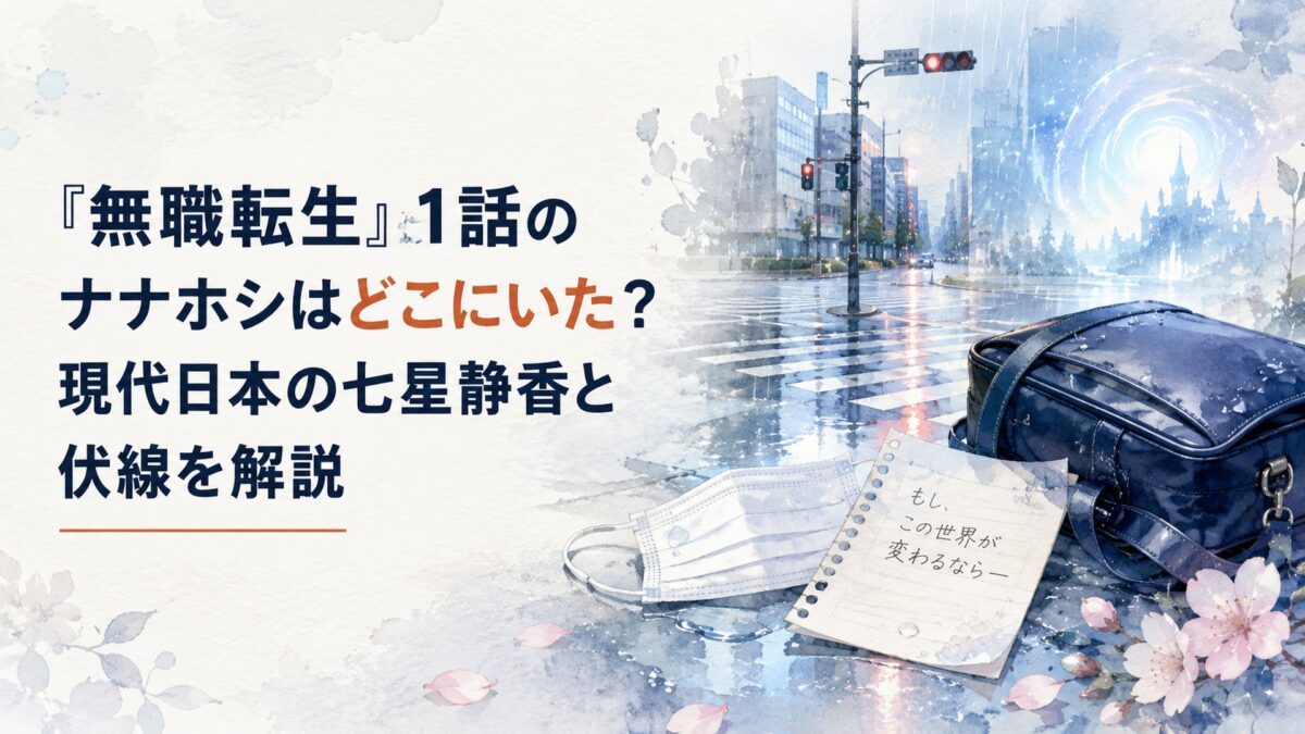 雨の現代日本の交差点と事故後の道路、学生鞄と白い仮面、日本語のメモ、異世界へつながる淡い光を重ねた構図