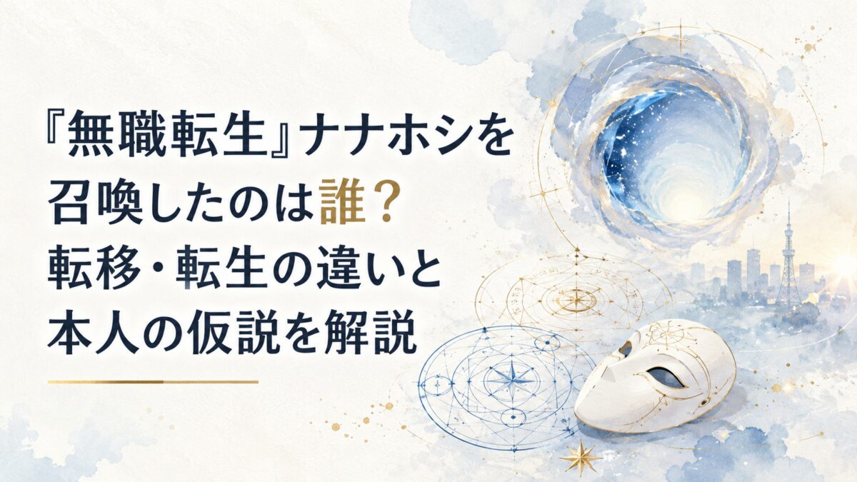 時空の裂け目と重なる魔法陣、白い仮面と遠い現代日本を象徴する淡い光