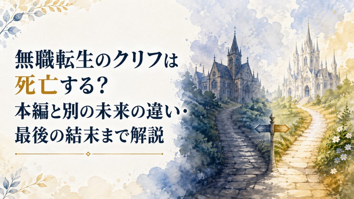 ラノア魔法大学を思わせる石造りの校舎とミリス神聖国を連想させる白い大聖堂を遠景に配置し、二つの未来の分岐を光と影で表現した人物なしの水彩風景