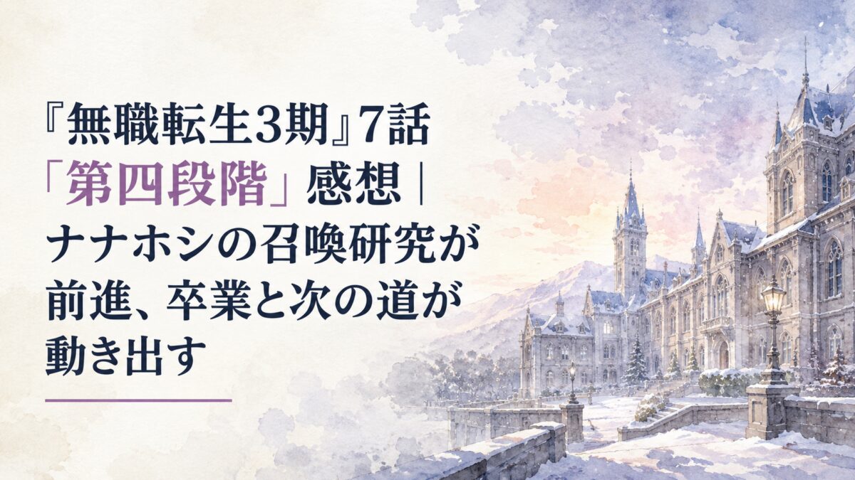 冬のラノア魔法大学を思わせる石造りの校舎と雪景色、淡い夕空、静かな光が差す人物なしの水彩風背景。広い余白を取り、「無職転生3期」「7話」「第四段階」を読みやすく配置し、「第四段階」のみ背景になじむ落ち着いたアクセントカラーで強調する