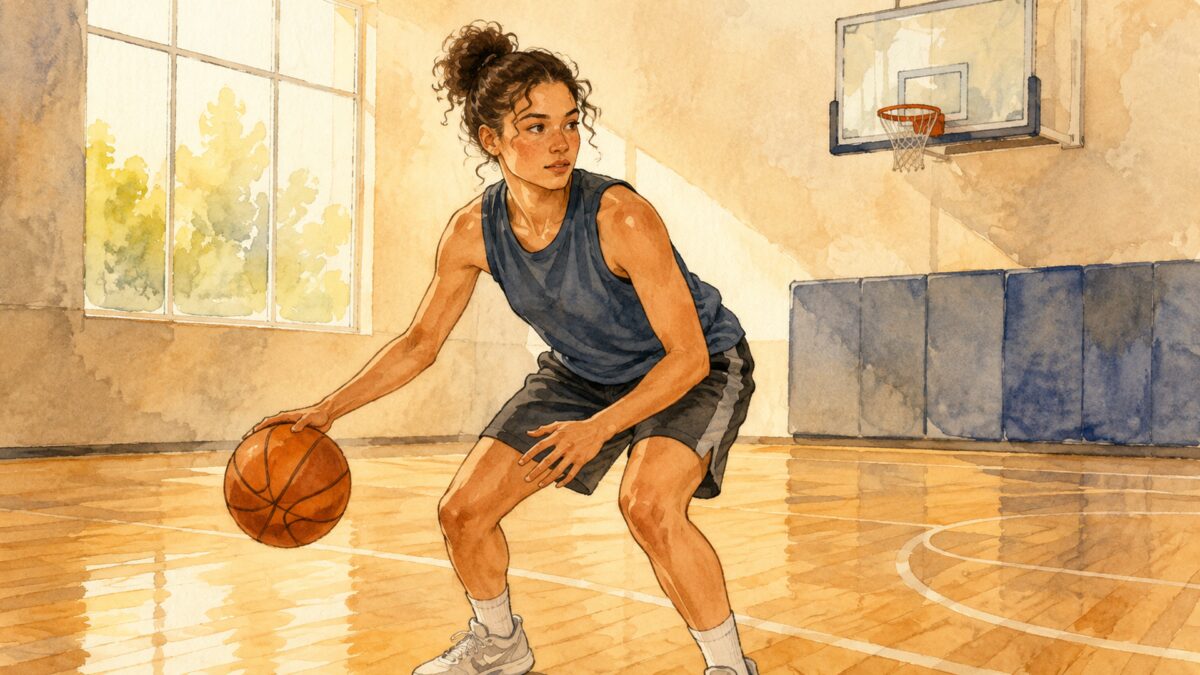 朝の体育館で一人黙々と自主練する成人女性バスケットボール選手
