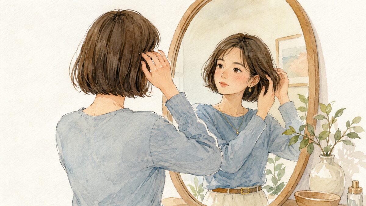鏡の前で首元までの短いストレートボブを整える成人女性