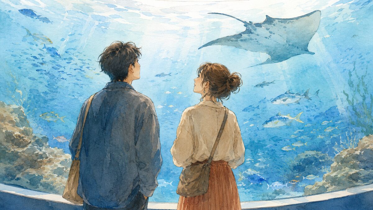 水族館の大きな水槽を並んで眺める二人の若い成人男女