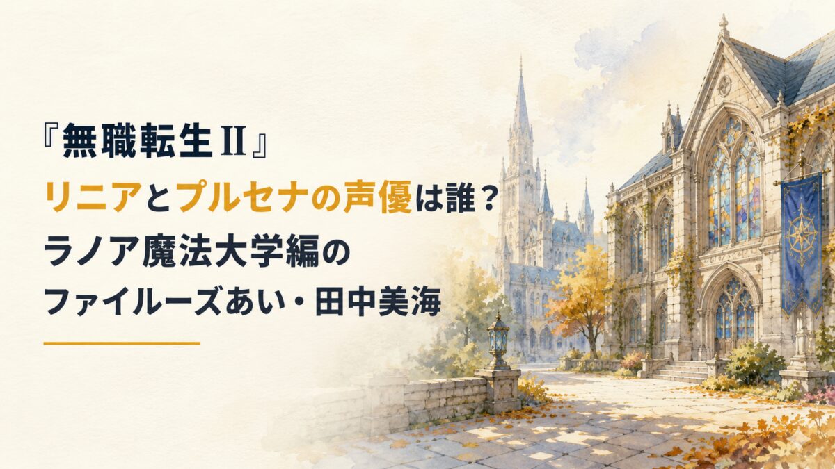 石造りの魔法大学の校舎と中庭、秋の落ち葉が敷き詰められた石畳、午後の斜光、遠景に高い尖塔、色鮮やかなステンドグラスの窓、静かで学びの気配が漂う無人の風景。人物・人型シルエットは一切描かない。画面にH1タイトル「『無職転生Ⅱ』リニアとプルセナの声優は誰？ラノア魔法大学編のファイルー