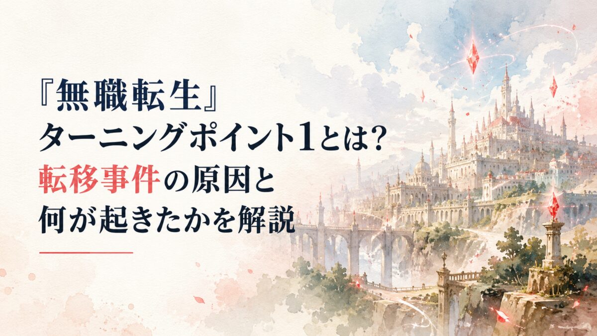 赤い魔力の光が浮かぶ異世界の城塞都市と広い空を描いた人物のいない幻想的な風景
